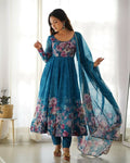 Rama colored organza kurta set with intricate sequin embroidery and a soft cotton bottom.