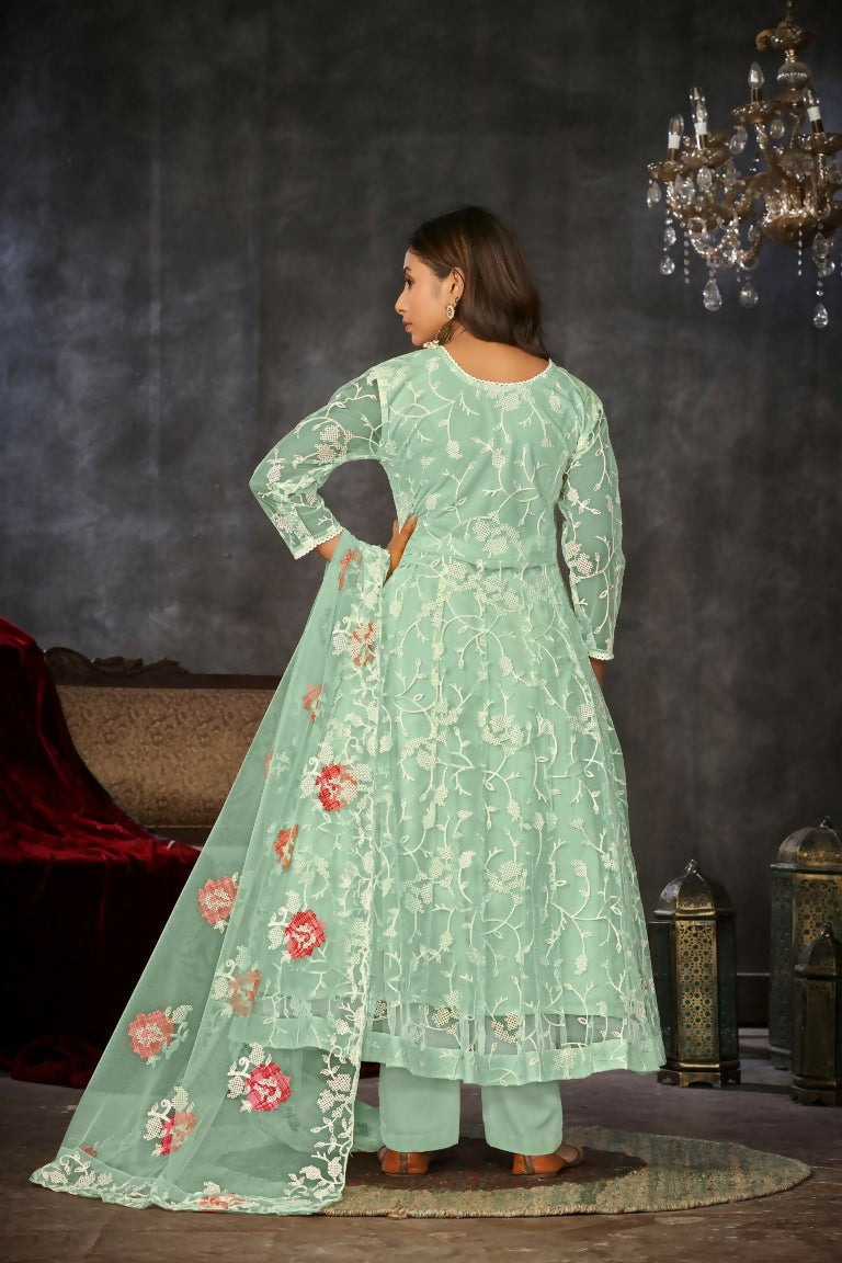 Sea Green Embroidered Net Anarkali Kurta Pant Set with Dupatta