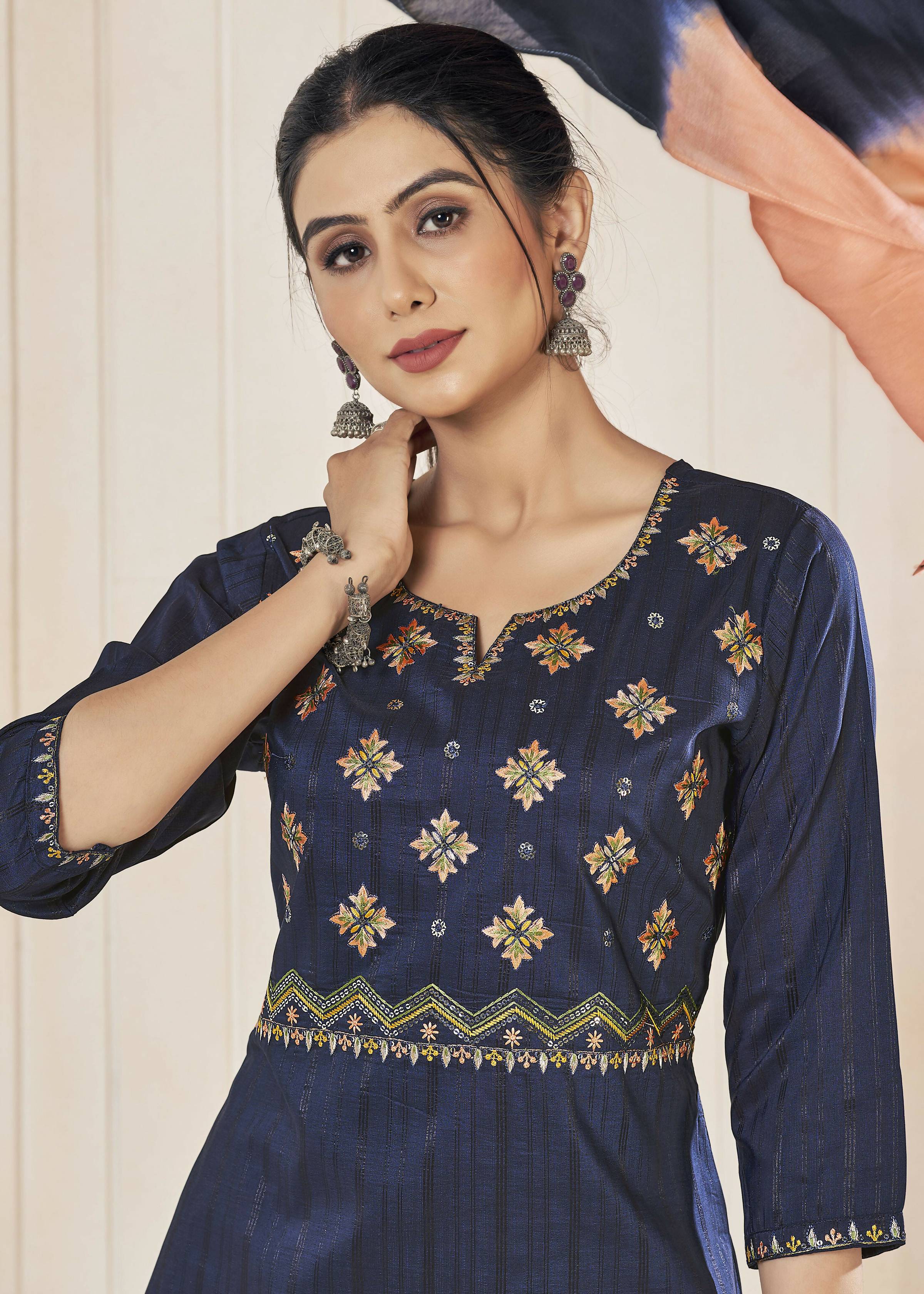 Navy Blue Pure Viscose Straight Kurta Set with Embroidery