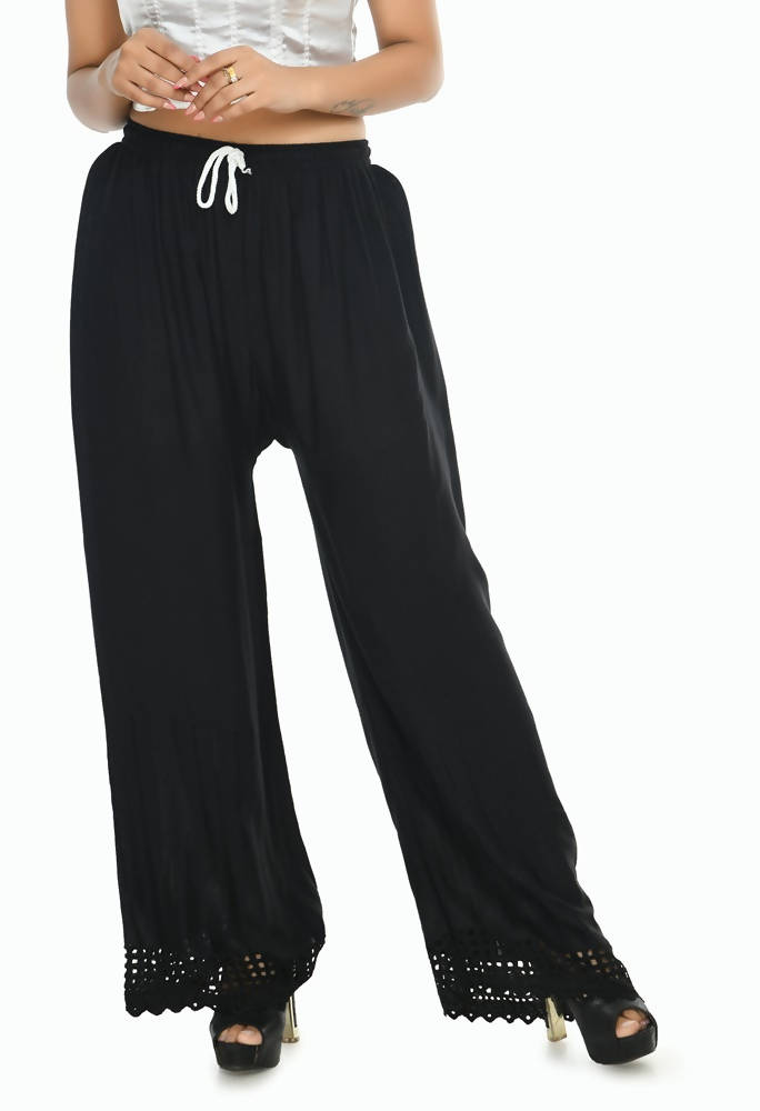 Black Cut Work Border Palazzo Pants in Rayon Cotton
