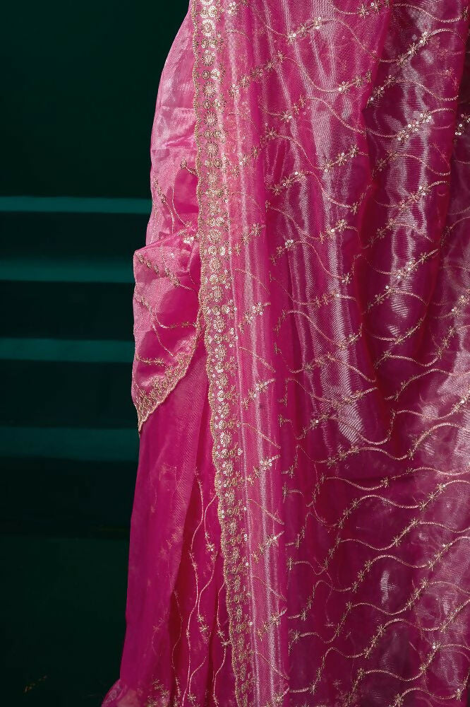 Pink Net Party Wear Saree with Contrast Black Velvet Blouse