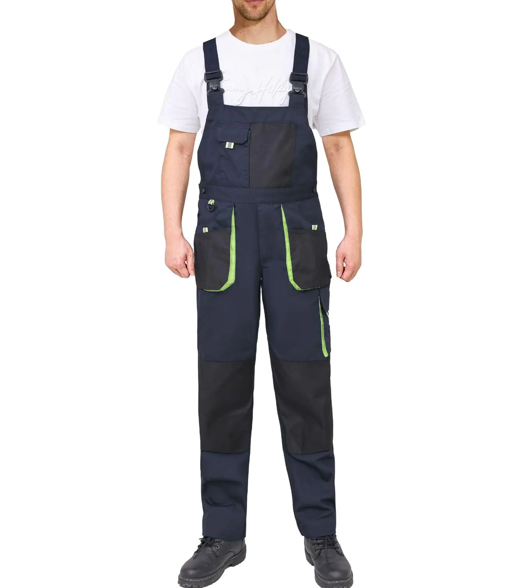 WORK IDEA Mens Bib Overalls Work Overalls with Knee Pad PocketsNavy/Yellow30Wx30L