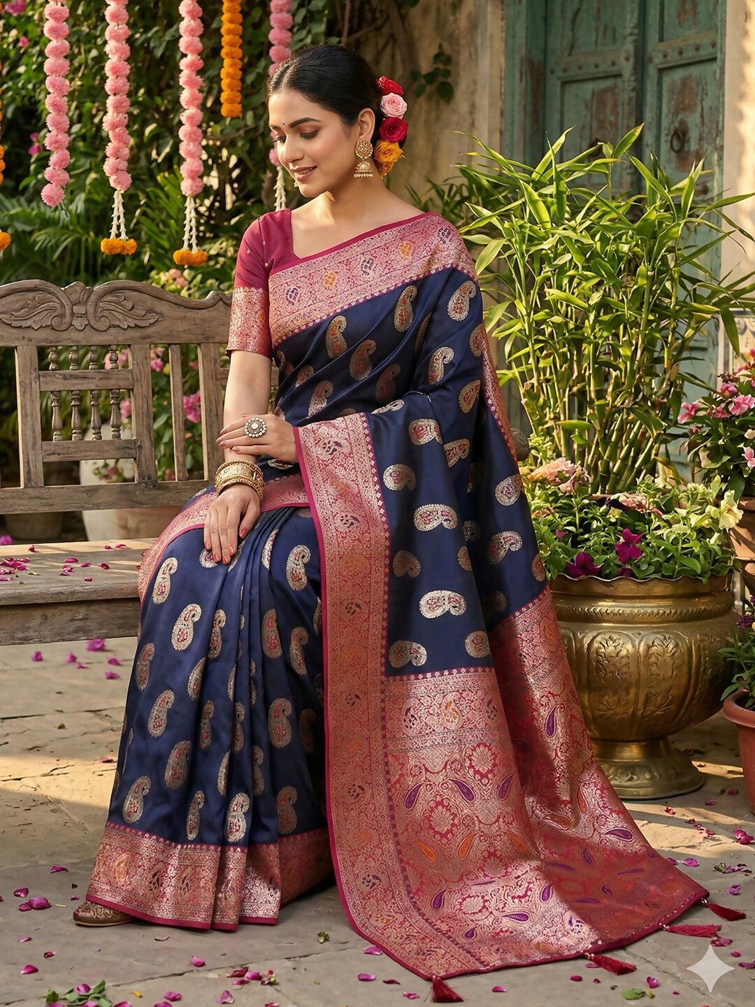 Navy Blue Silk Blend Saree with Matching Blouse Piece