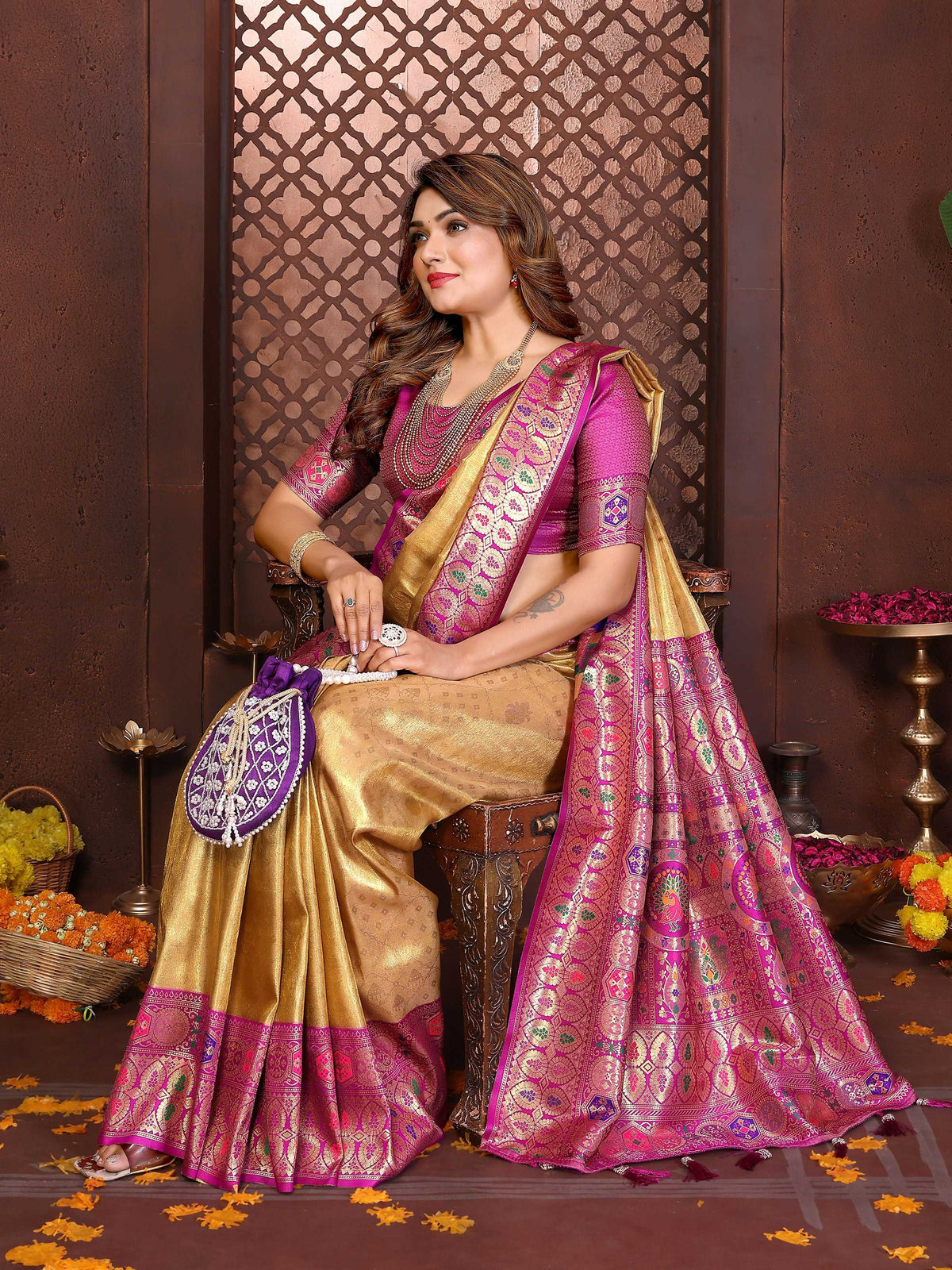 Yellow Tissue Silk Weaving Saree with Elegant Traditional Drape