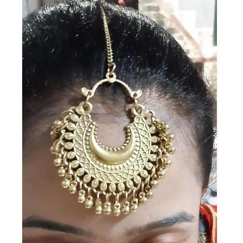 Gold-polished half moon design maang tikka for Indian bridal and festive hair styling