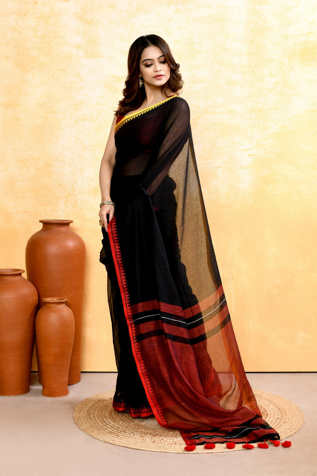 Black Handloom Cotton Saree with Elegant Embellishments