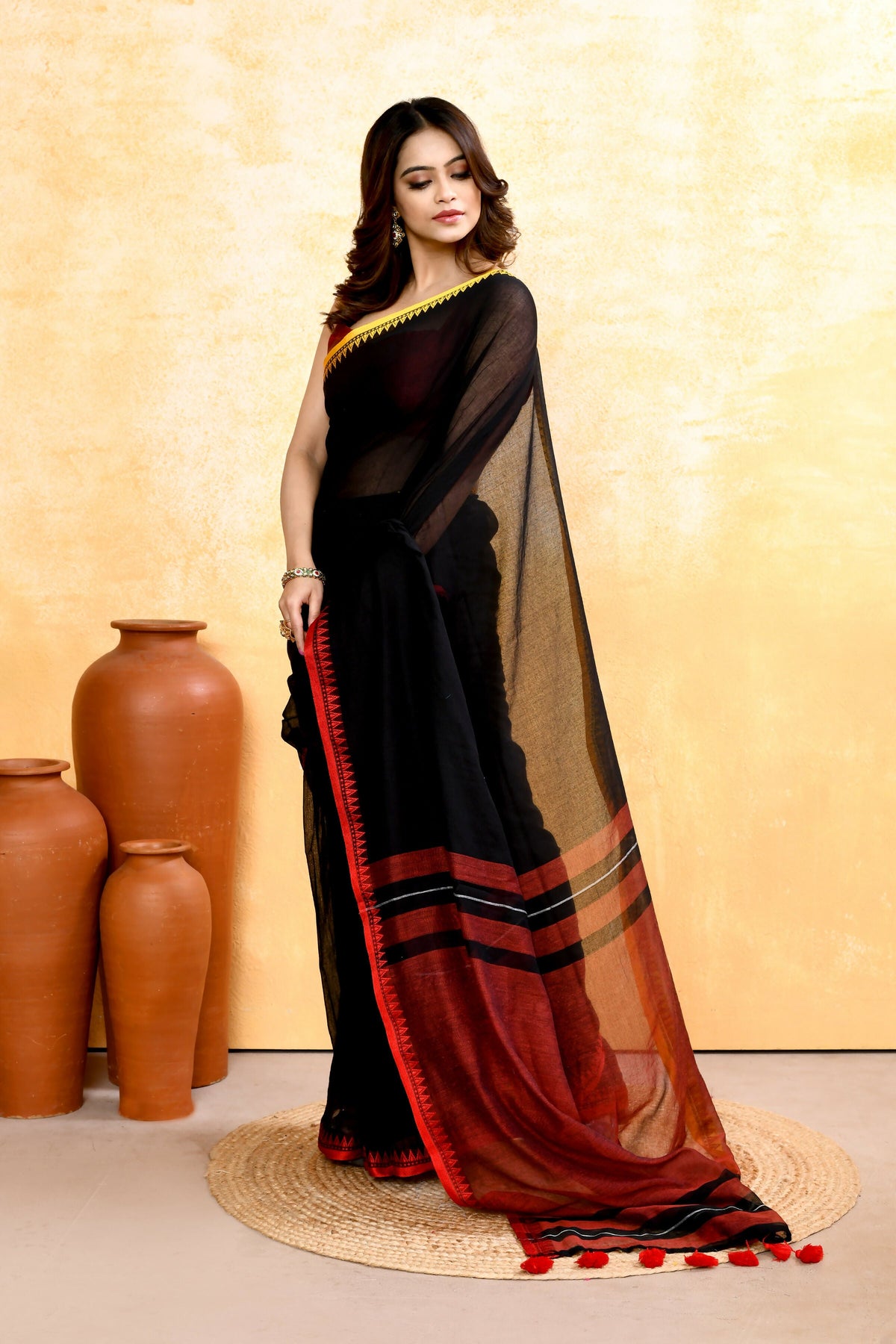 Black Handloom Cotton Saree with Elegant Embellishments