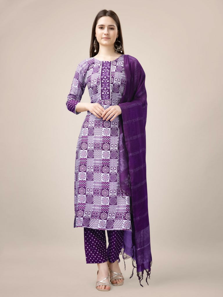 Purple printed rayon straight kurta featuring lace work and embroidery, with trousers and dupatta.