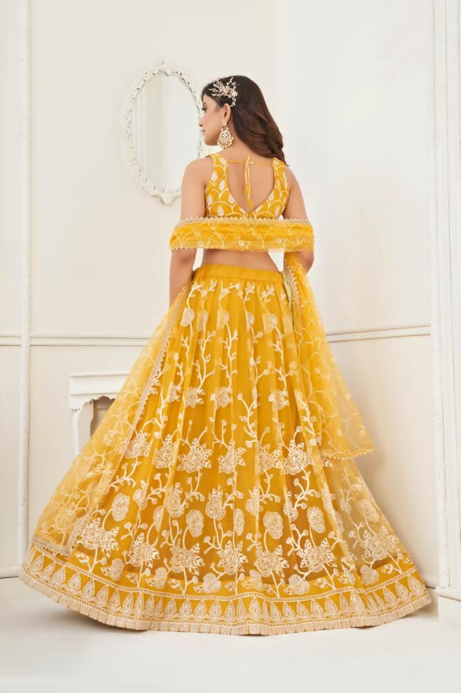 Mustard Yellow Butterfly Net Lehenga Choli with Thread Embroidery