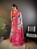 Pink Banarasi silk saree with detailed floral motifs and accompanying unstitched blouse piece