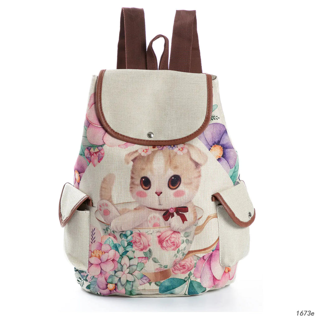 Cat Print Student Backpack, Linen Women's Backpack
