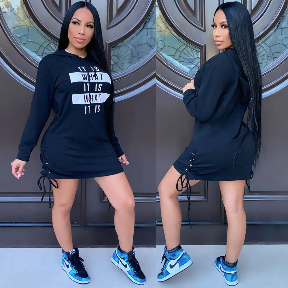 Women's Black Long-Sleeved Hooded Graphic T-Shirt Mini Dress - Image 2