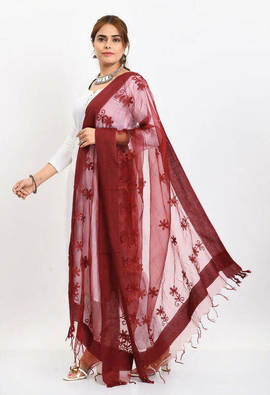 Maroon Organza Chikan Work Women's Dupatta with Floral Embroidery