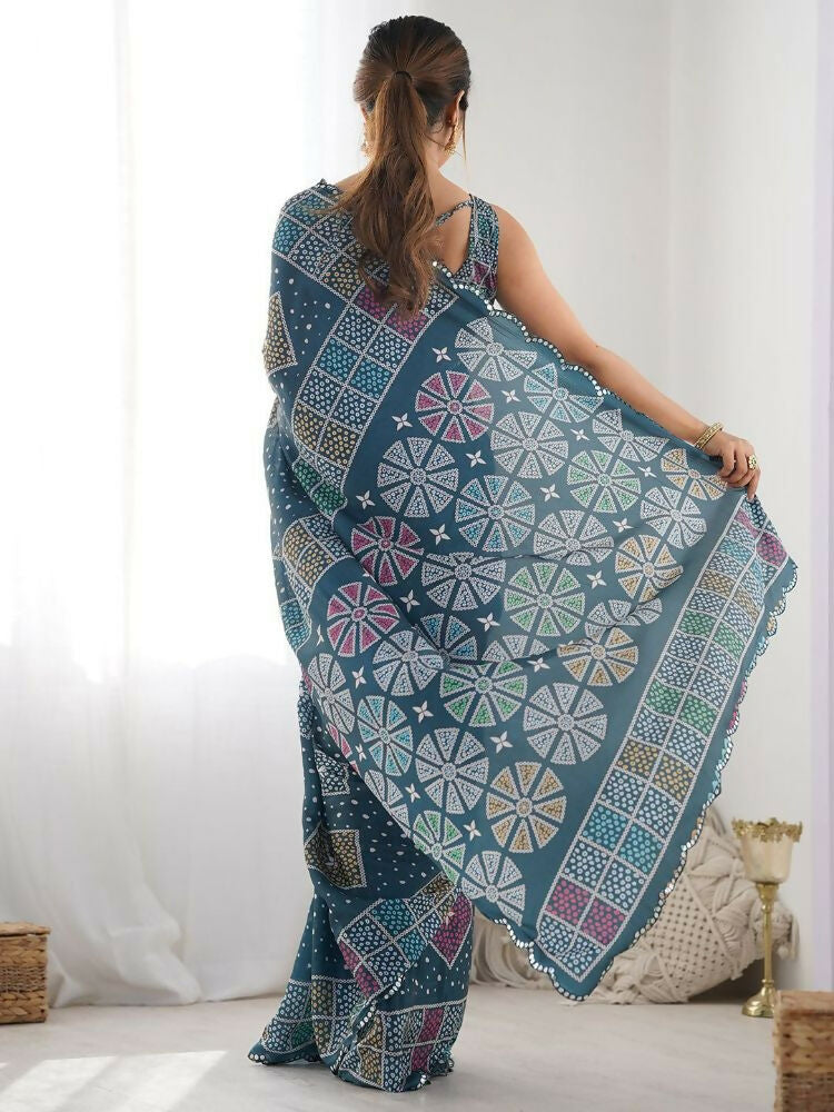 Teal Georgette Digital Print Mirror Work Saree