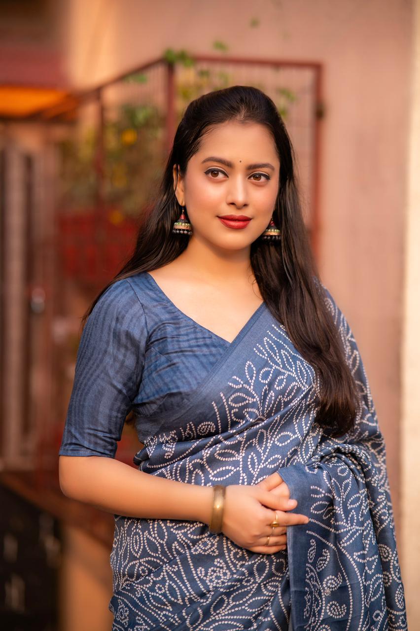 Grey Silk Blend Ajrak Saree with Unstitched Blouse