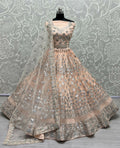 Peach bridal net lehenga choli with zari and thread embroidery