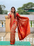 Red soft Kanjivaram silk saree with intricate Zari and Meenakari details
