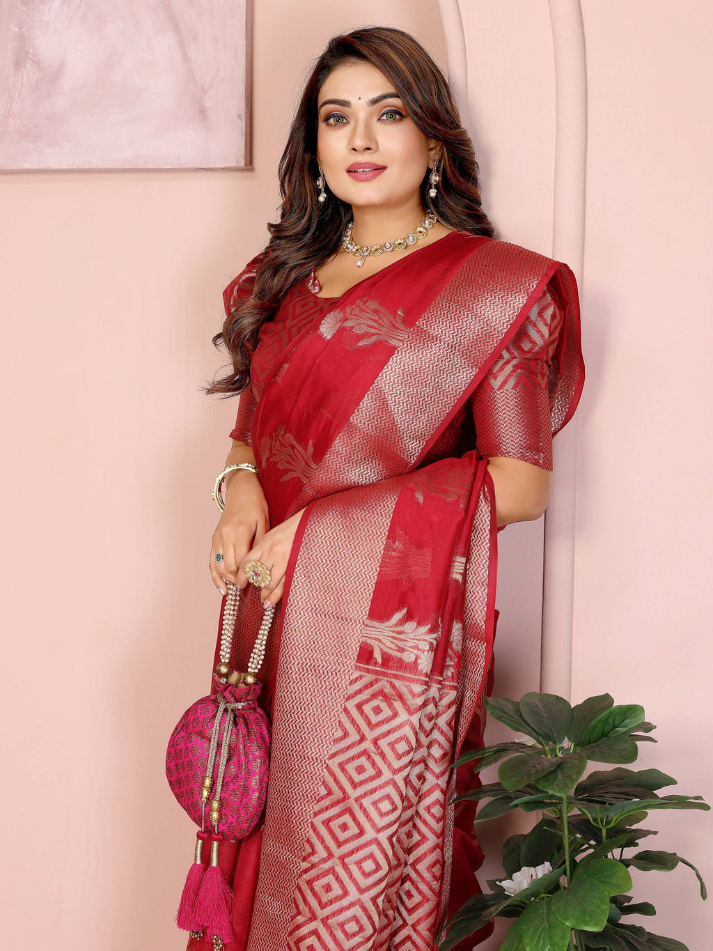 Red Soft Organza Silk Saree with Elegant Weaving Details