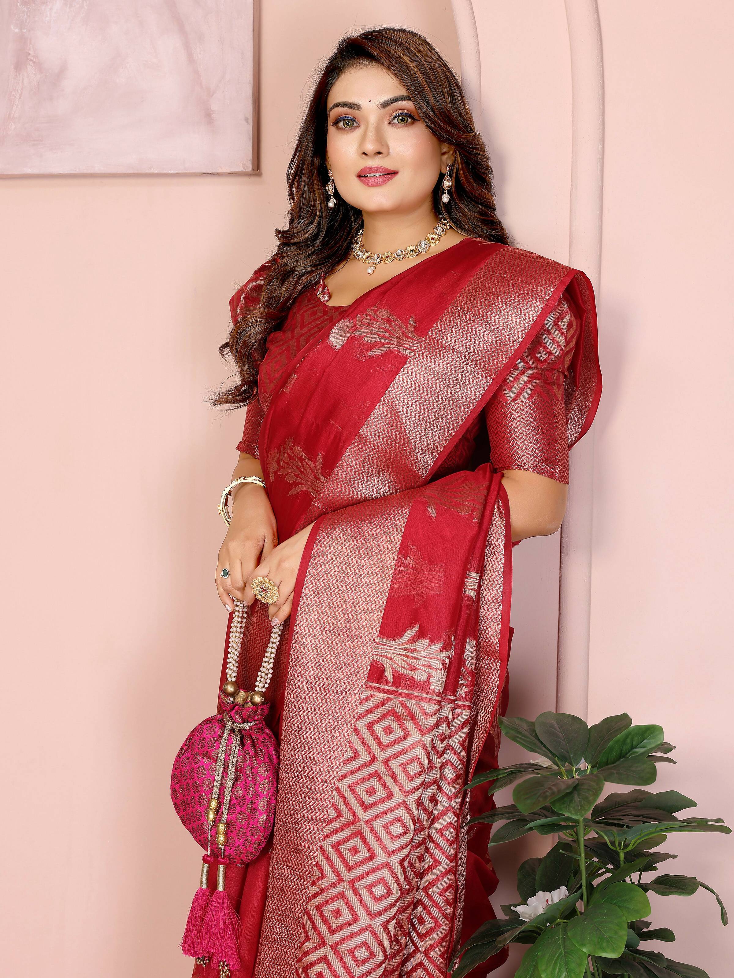 Red Soft Organza Silk Saree with Elegant Weaving Details