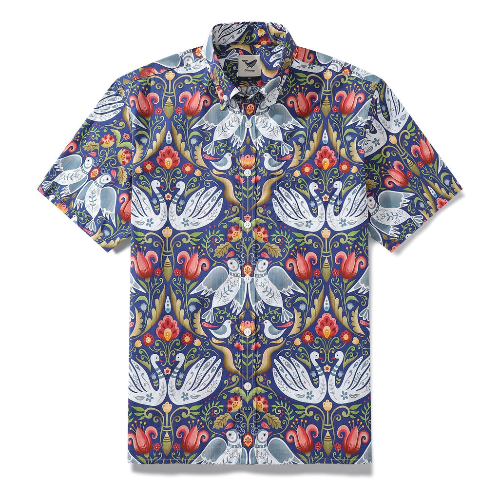 Short sleeve button-down shirt with vintage blue, red, and white bird and botanical print
