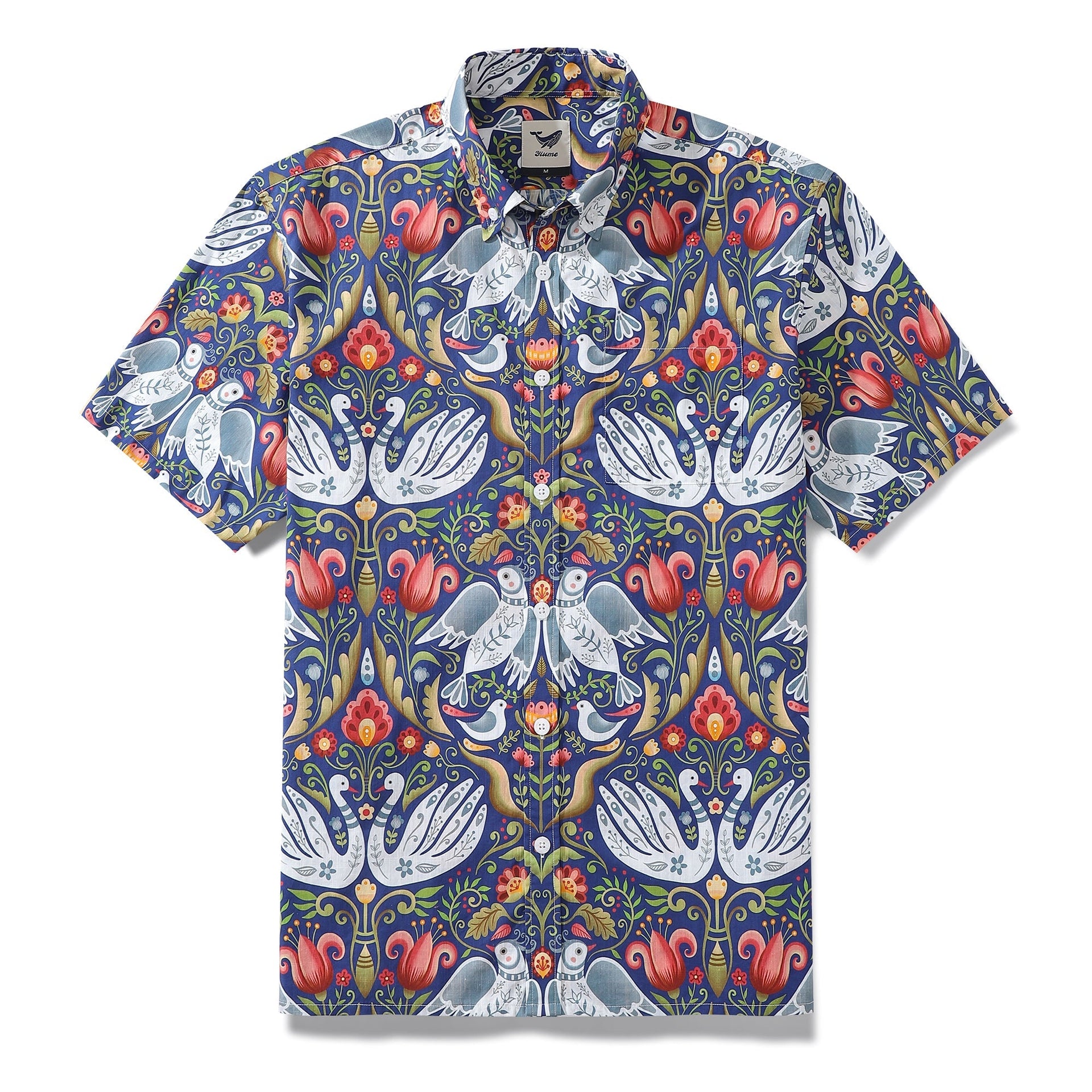 Short sleeve button-down shirt with vintage blue, red, and white bird and botanical print