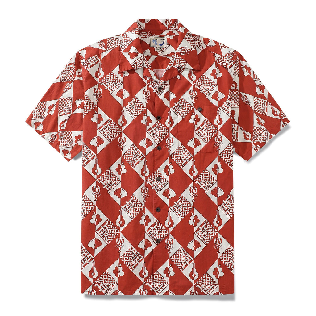 Vintage 1970s style men's Hawaiian shirt with a red and white geometric checkerboard pattern.