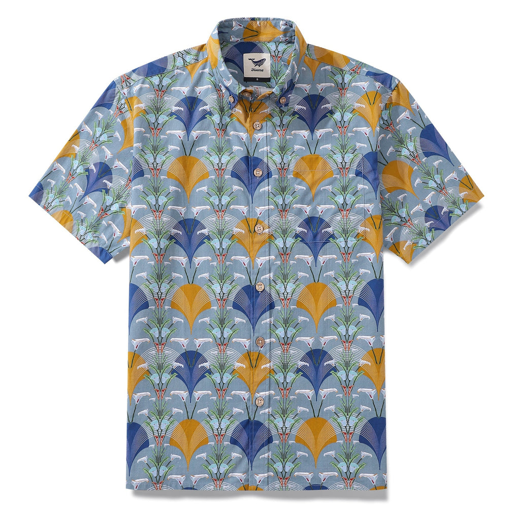 Men's short sleeve Hawaiian shirt featuring an Art Deco Arum Lily print in cotton.