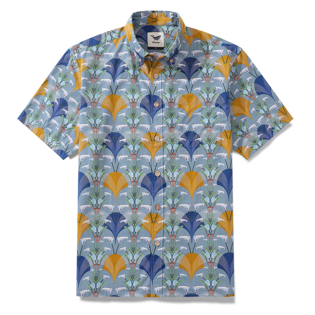 Men's short sleeve Hawaiian shirt featuring an Art Deco Arum Lily print in cotton.