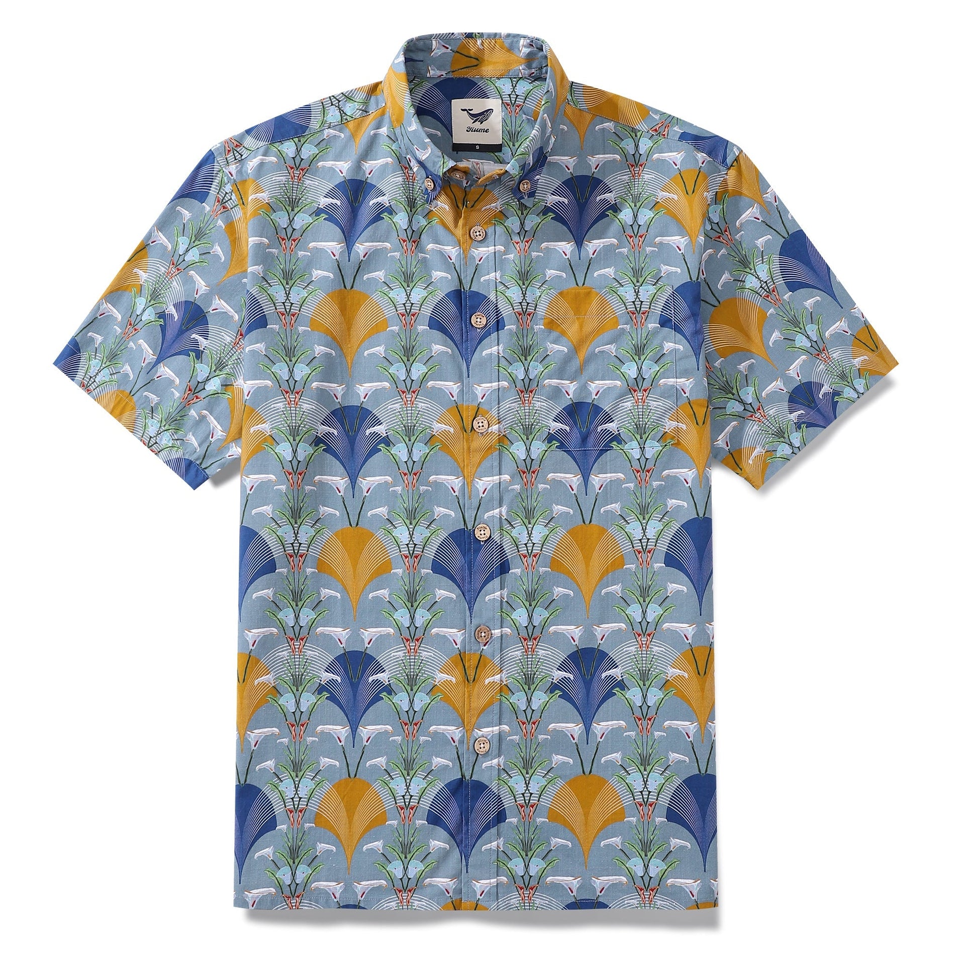 Men's short sleeve Hawaiian shirt featuring an Art Deco Arum Lily print in cotton.