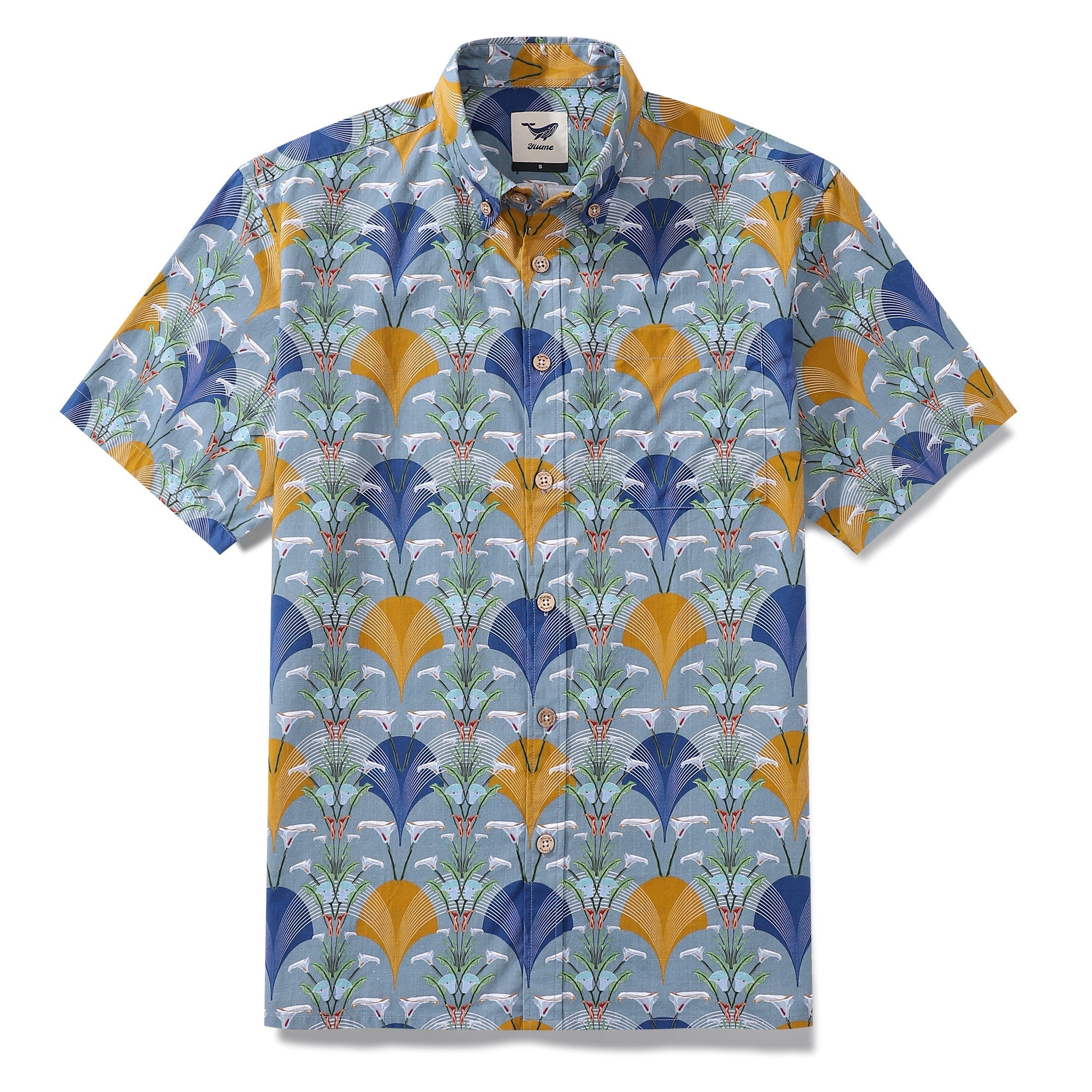 Men's short sleeve Hawaiian shirt featuring an Art Deco Arum Lily print in cotton.