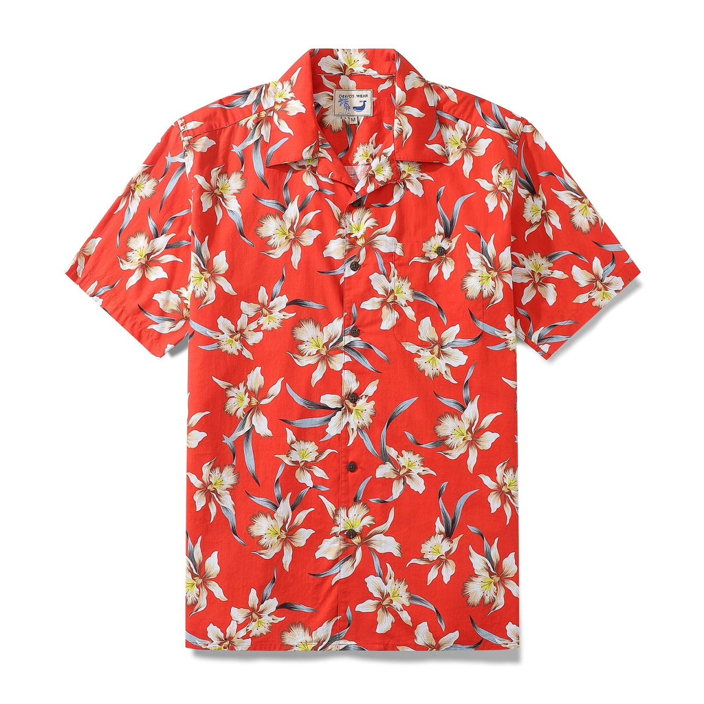 Men's red vintage orchid print short sleeve Hawaiian shirt.