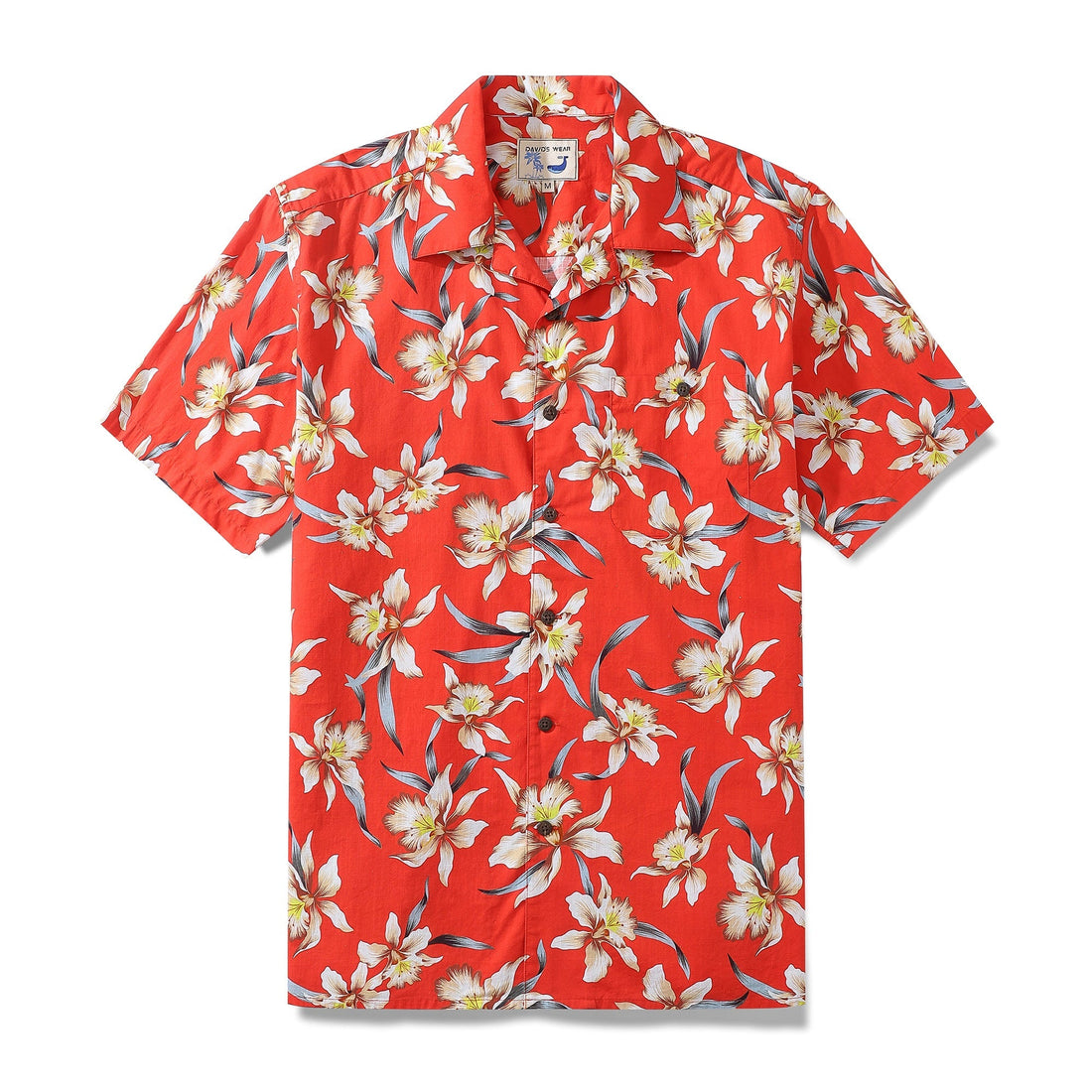 Men's red vintage orchid print short sleeve Hawaiian shirt.