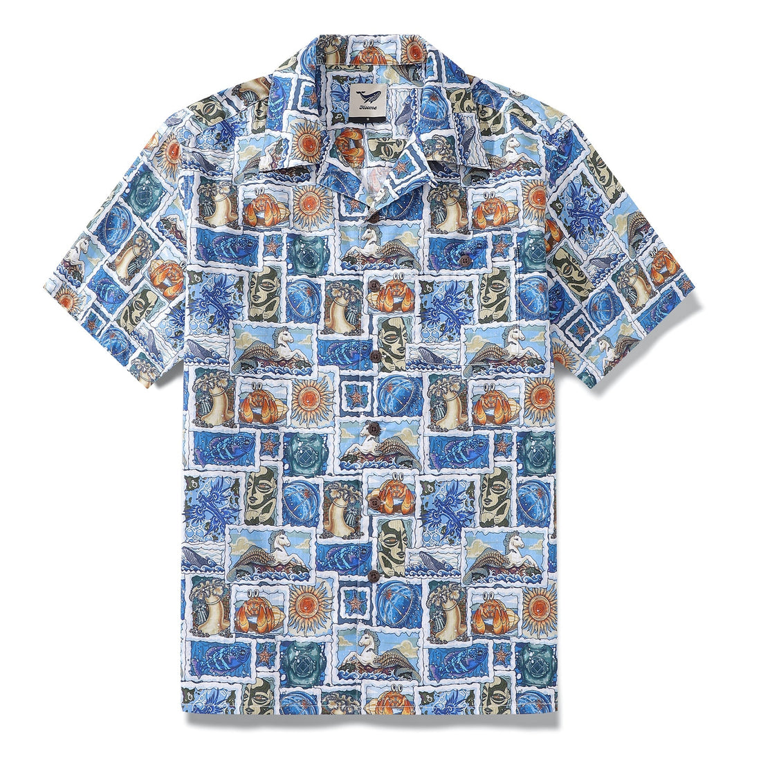 Men's vintage 1940s style Hawaiian shirt with seahorse ocean print and camp collar