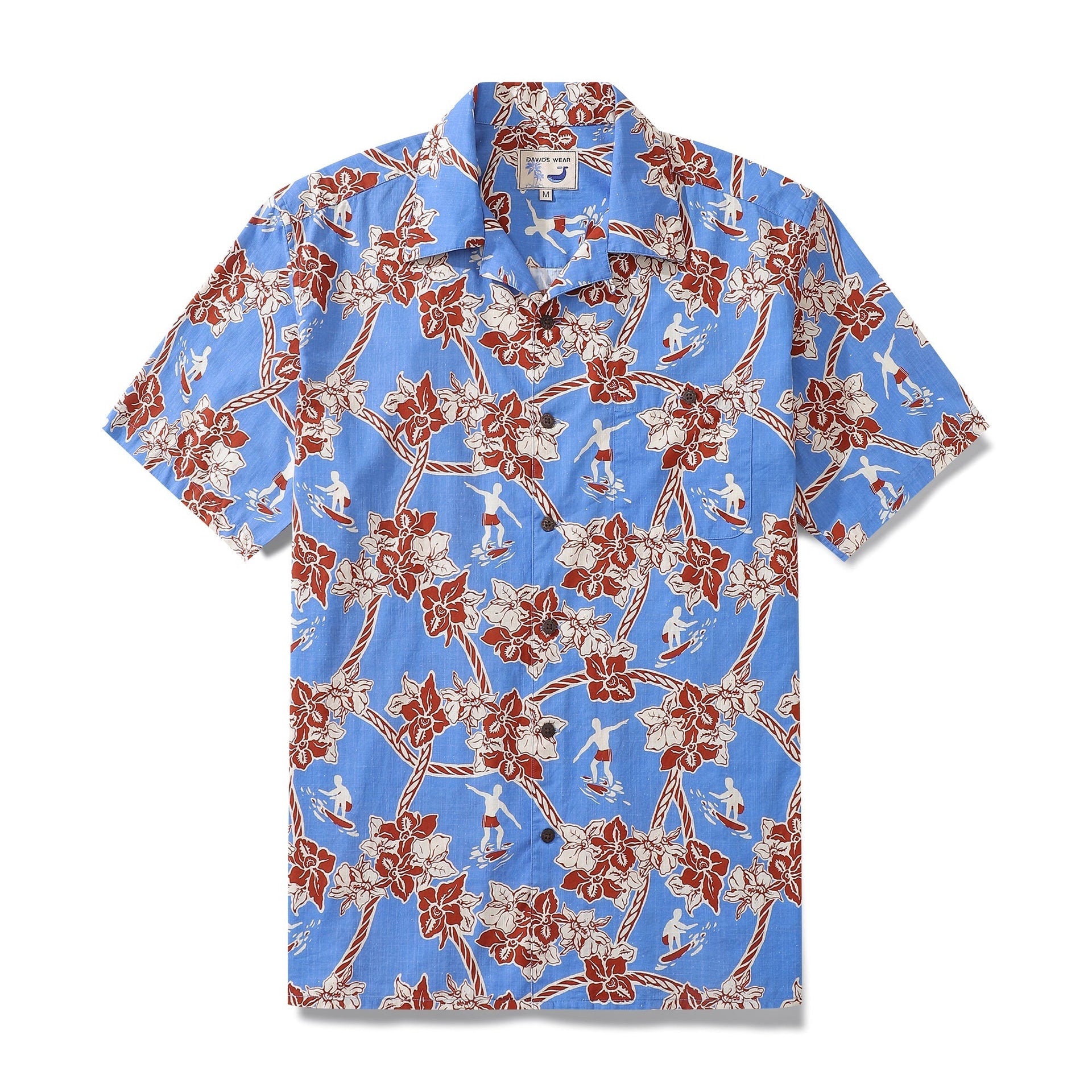 Vintage style men's Hawaiian shirt with floral wreath pattern in blue, red, and white.
