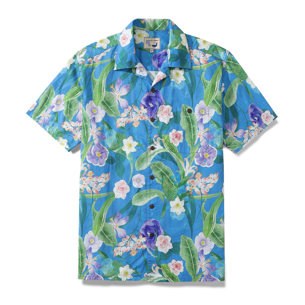 Men's blue tropical floral print camp collar shirt in 100% cotton
