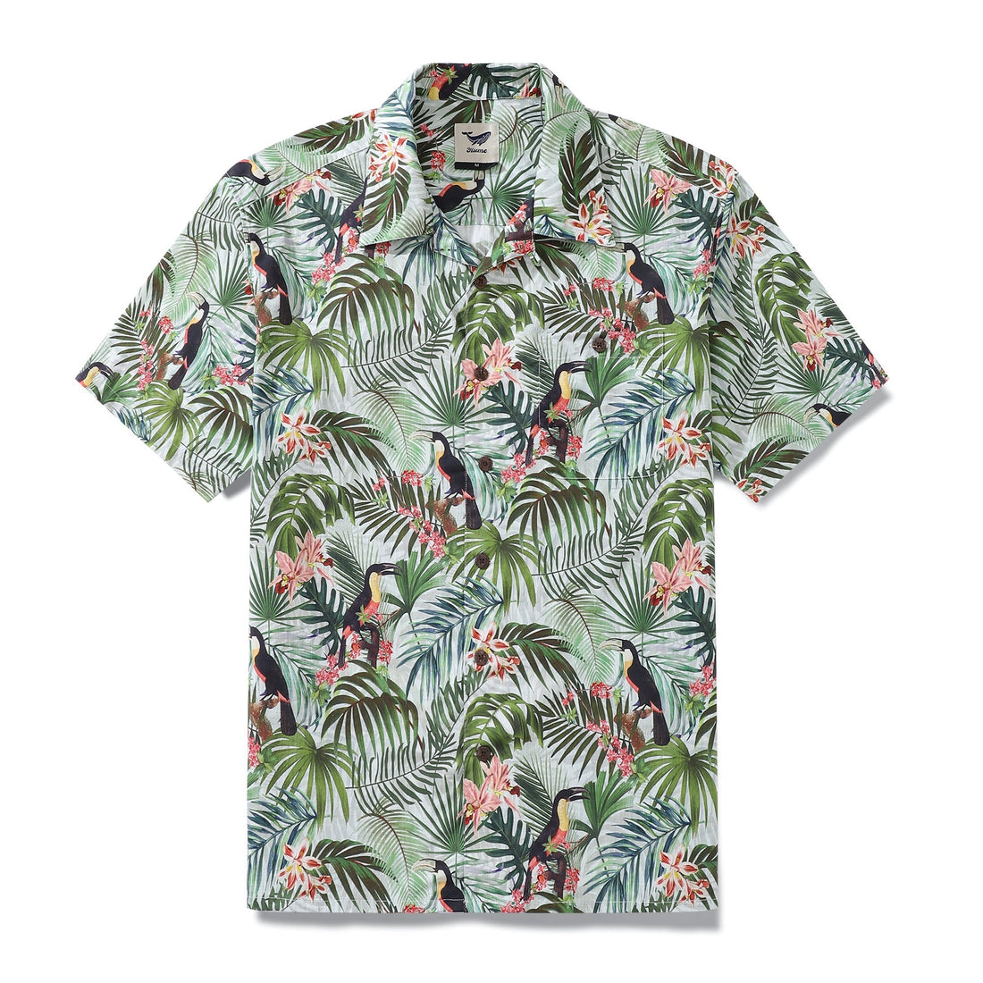 Men's 1930s style vintage tropical Hawaiian shirt with toucan and floral print.