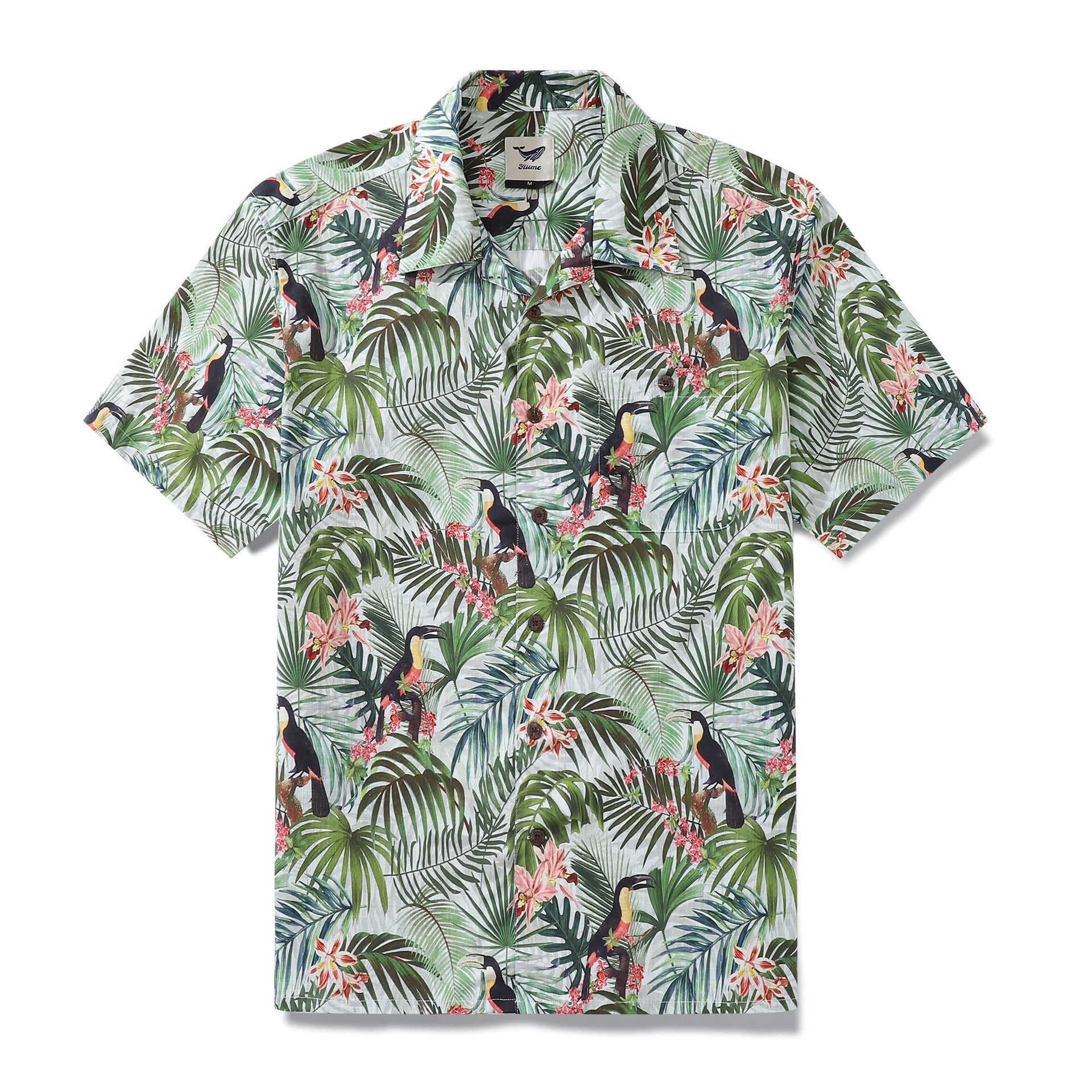 Men's 1930s style vintage tropical Hawaiian shirt with toucan and floral print.