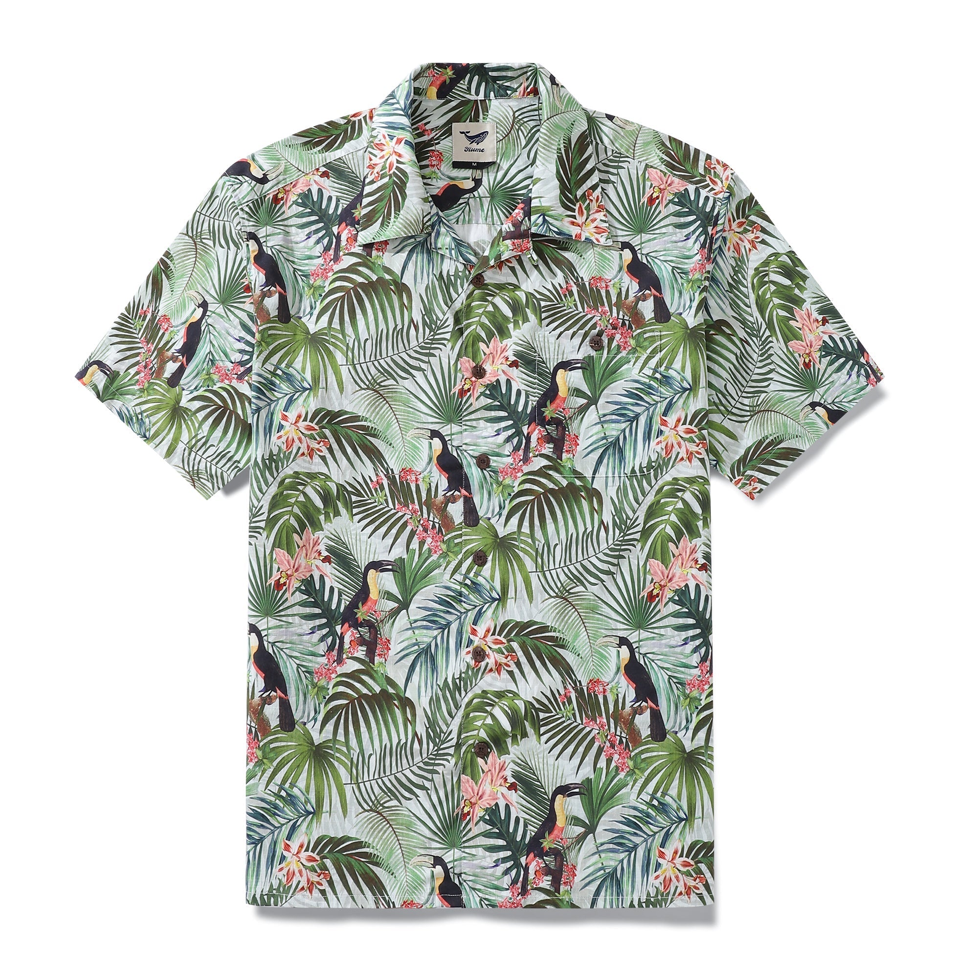Men's 1930s style vintage tropical Hawaiian shirt with toucan and floral print.
