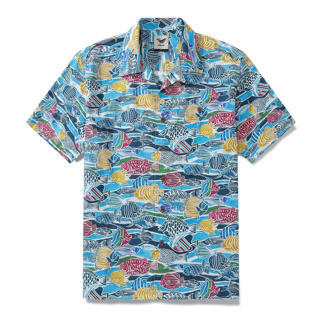 Close up of a men's 100% cotton Hawaiian shirt with a colored fish print and camp collar