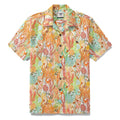 Close up of an orange men's Hawaiian shirt with marine fish and plant patterns