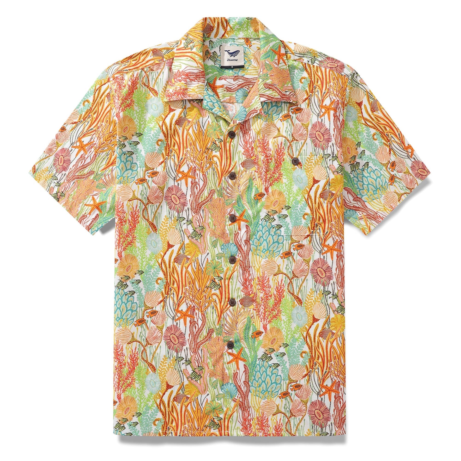Close up of an orange men's Hawaiian shirt with marine fish and plant patterns