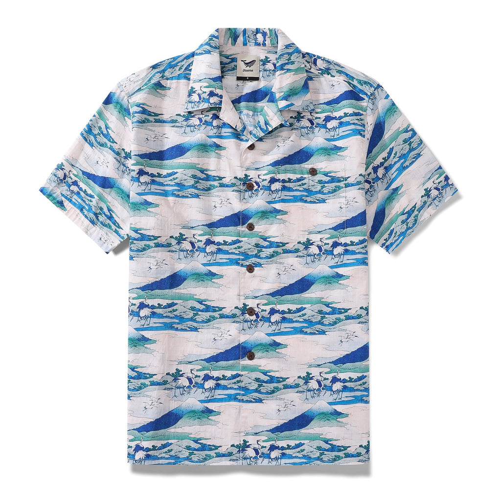 Men's 100% cotton camp collar shirt featuring Umezawa Manor print inspired by Hokusai
