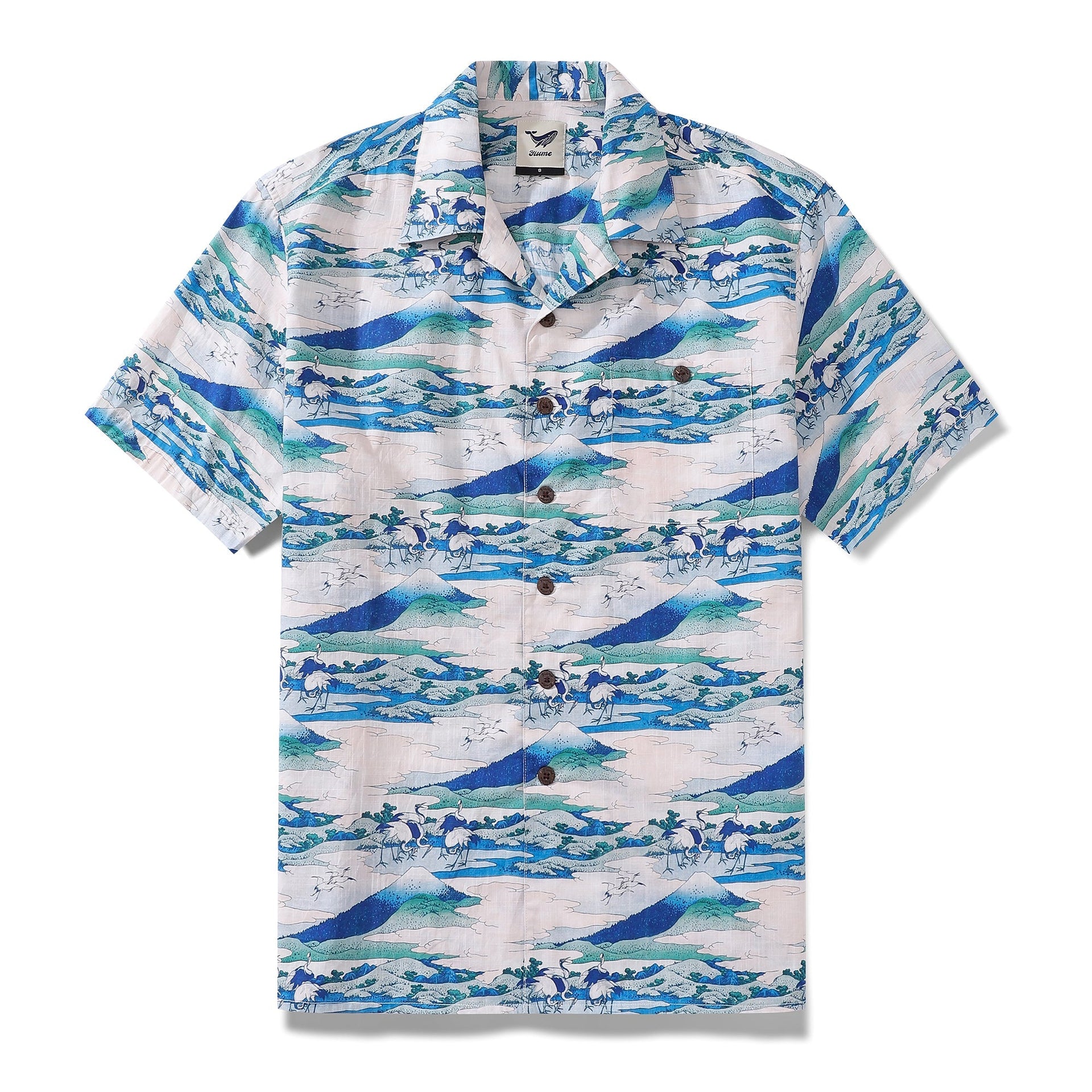 Men's 100% cotton camp collar shirt featuring Umezawa Manor print inspired by Hokusai