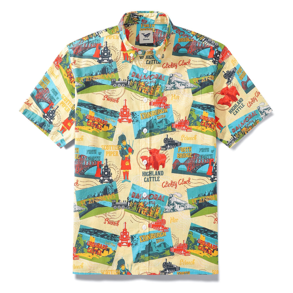 Men's short sleeve shirt with vintage Scottish railway and postcard paint-by-number print.