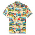 Men's short sleeve shirt with vintage Scottish railway and postcard paint-by-number print.