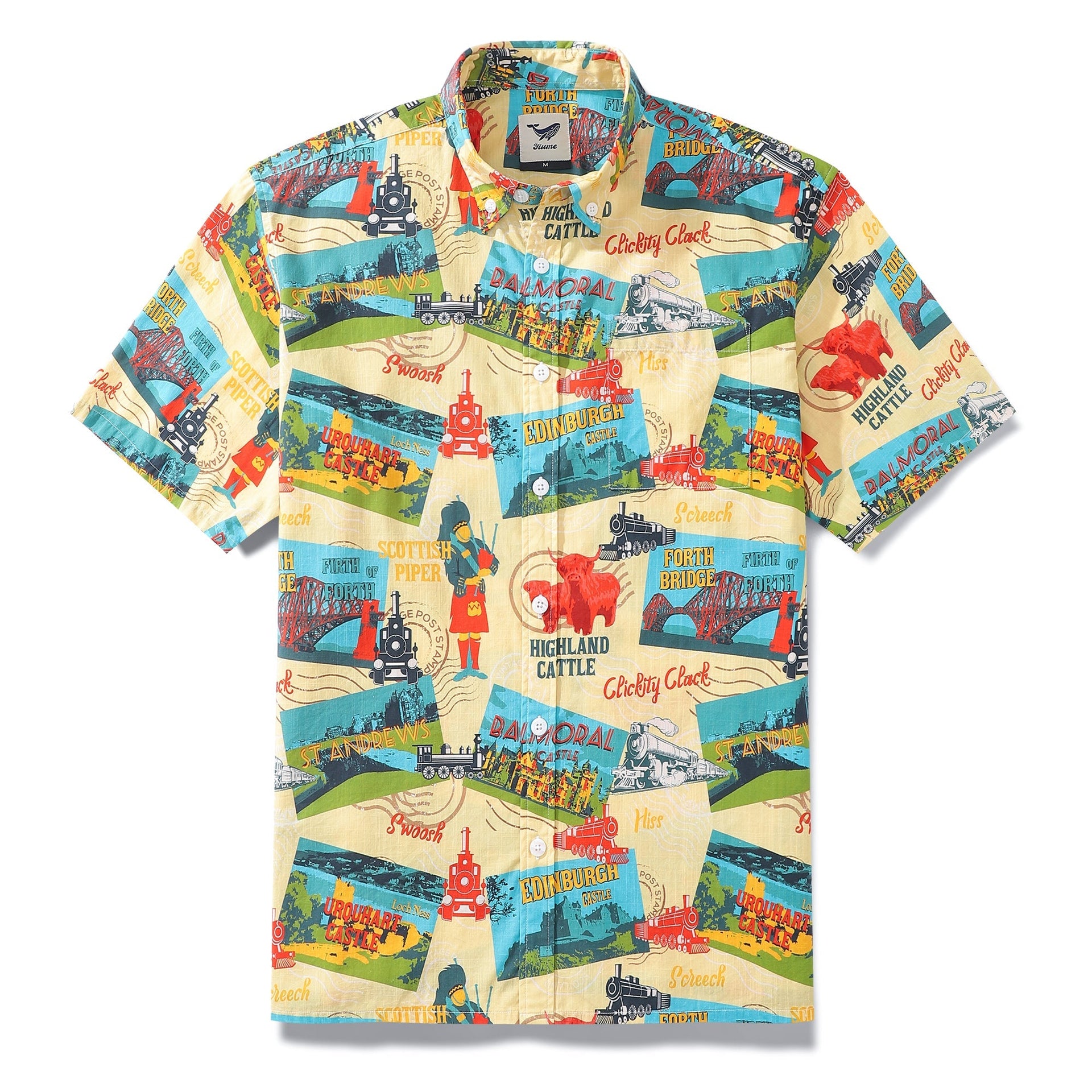 Men's short sleeve shirt with vintage Scottish railway and postcard paint-by-number print.