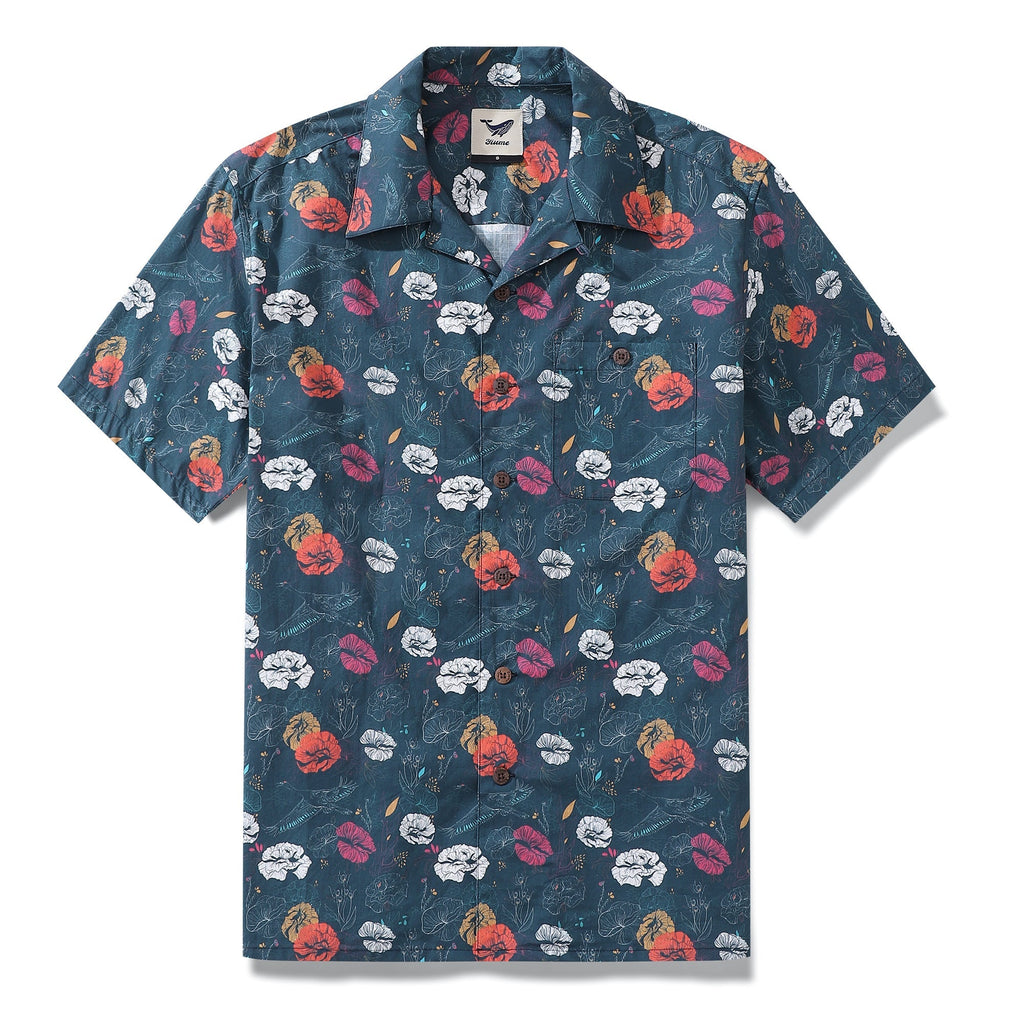 Men's teal Hawaiian shirt with crane and floral print in red, white, and yellow.