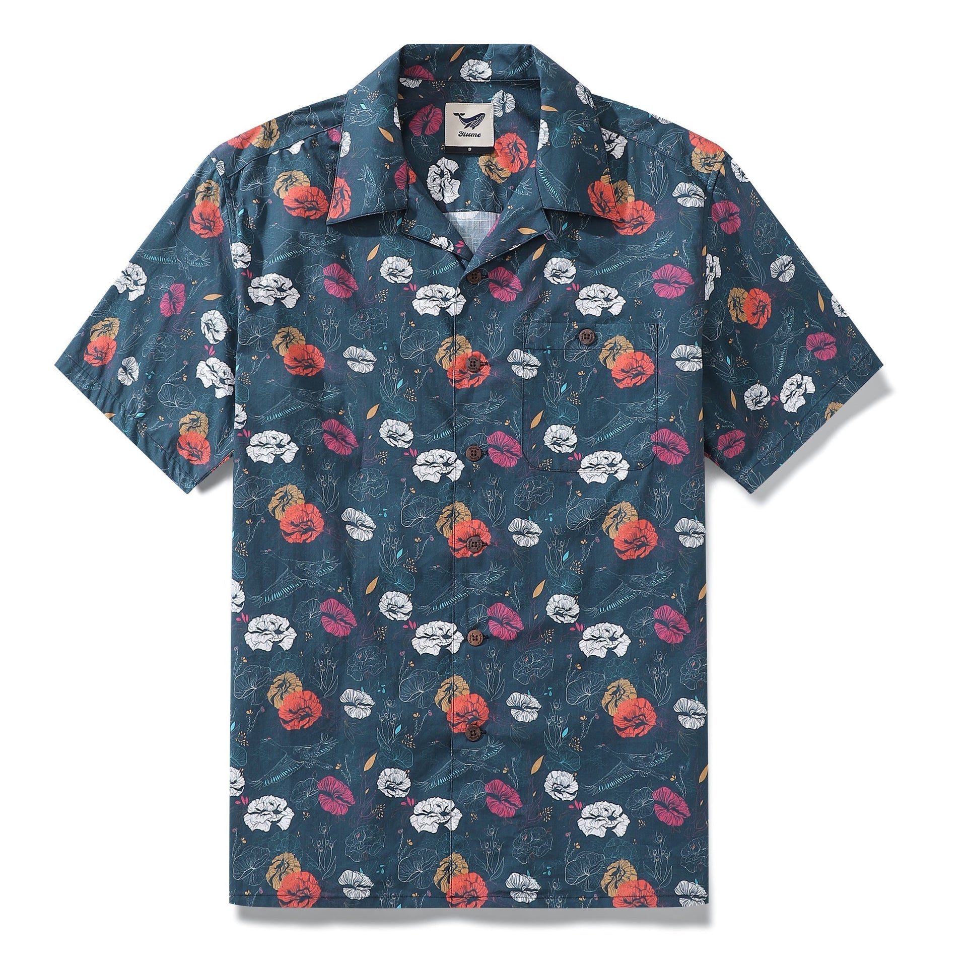 Men's teal Hawaiian shirt with crane and floral print in red, white, and yellow.