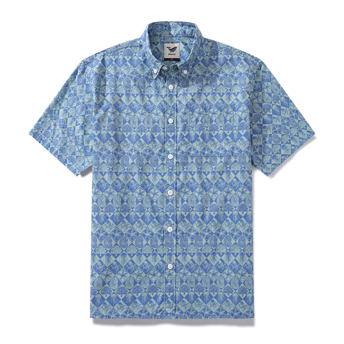 Blue button-down shirt featuring a unique hand-painted specimen pattern