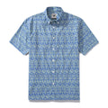 Blue button-down shirt featuring a unique hand-painted specimen pattern